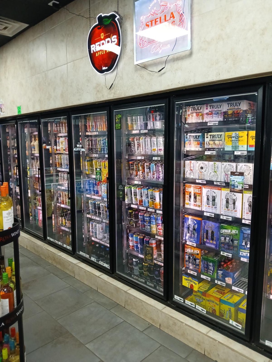 Express 64 beverage aisles featuring wide selection of alcoholic and non-alcoholic drinks